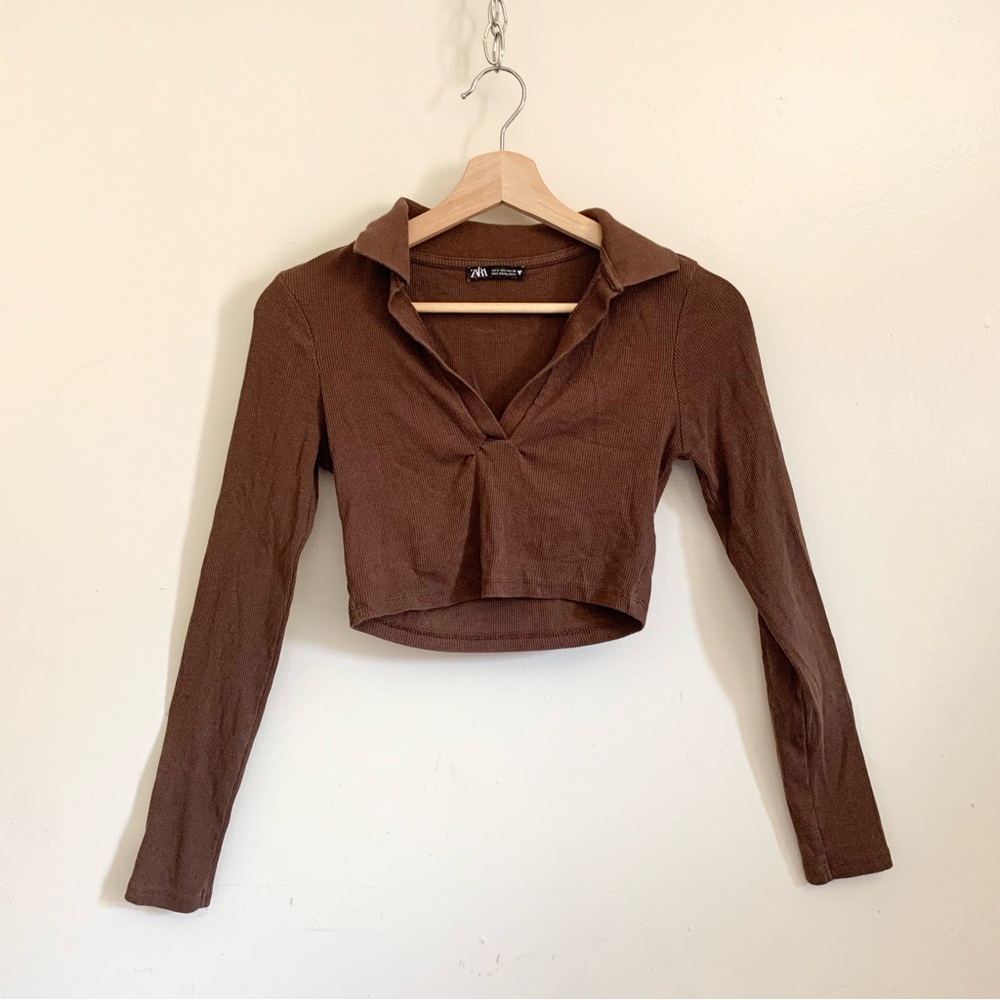 Zara Brown Ribbed Collared Long Sleeves Crop Top Small